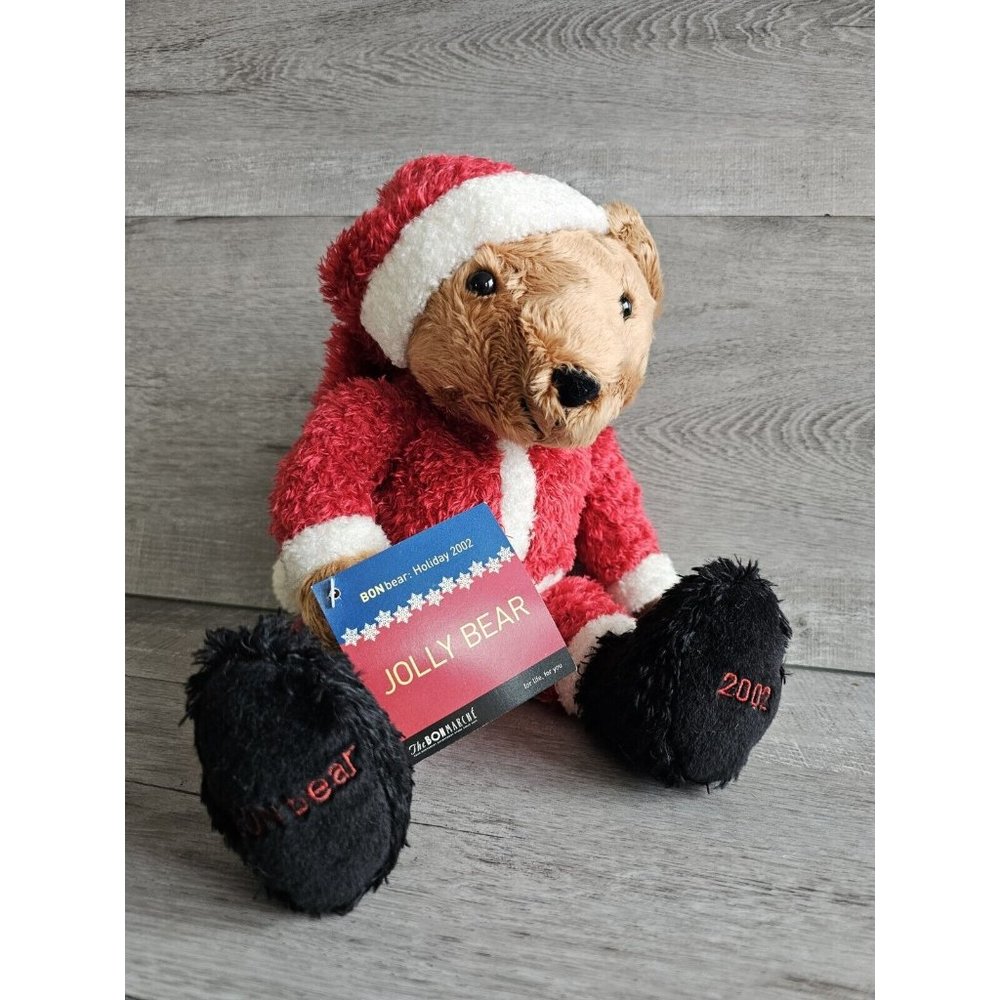 Vtg Bon Marche Christmas Teddy Bear Plush Brown Red Holiday Santa Jolly 2002 Tag